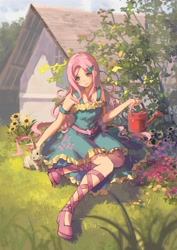 Size: 3508x4961 | Tagged: safe, artist:jingyou00647, fluttershy, human, rabbit, g4, animal, detailed background, flower, fluttershy boho dress, garden, house, humanized, light skin, solo, watering can