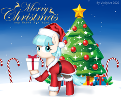 Size: 1795x1487 | Tagged: safe, artist:vinilyart, coco pommel, earth pony, pony, g4, boots, candy, candy cane, christmas, christmas tree, clothes, cocobetes, costume, cute, female, food, happy new year, hat, holding, holiday, holly, looking at you, mare, merry christmas, present, santa costume, santa hat, shoes, snow, solo, starry night, text, tree