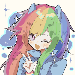 Size: 1080x1080 | Tagged: safe, artist:翅膀63, rainbow dash, human, g4, eared humanization, humanized, light skin, one eye closed, solo, sparkles, wink