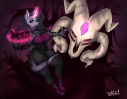 Size: 3476x2700 | Tagged: safe, artist:yugure-lordmediocre, fhtng th§ ¿nsp§kbl, oleander (tfh), demon, unicorn, anthro, them's fightin' herds, book, breasts, busty oleander, clothes, community related, dark magic, duo, female, glowing, glowing horn, high res, horn, magic, male, signature, thighs, thunder thighs, unicornomicon