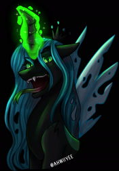 Size: 1280x1833 | Tagged: safe, artist:ahwiiyee, queen chrysalis, changeling, changeling queen, g4, black background, digital art, fangs, female, forked tongue, glowing, glowing horn, horn, long tongue, signature, simple background, solo, tongue out