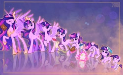 Size: 2048x1245 | Tagged: safe, artist:千雲九枭, twilight sparkle, alicorn, pony, unicorn, g4, the last problem, abstract background, age progression, bag, book, concave belly, crown, diaper, egg, ethereal mane, ethereal tail, eyes closed, female, filly, filly twilight sparkle, floppy ears, height difference, hoof shoes, jewelry, letter, magic, mare, older, older twilight, older twilight sparkle (alicorn), peytral, princess twilight 2.0, quill, raised hoof, reflection, regalia, saddle bag, scroll, sitting, size difference, slender, solo, spike's egg, spread wings, standing, tail, tall, telekinesis, thin, twilight sparkle (alicorn), unicorn twilight, wings, younger
