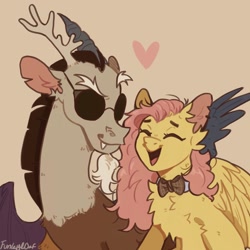 Size: 1080x1080 | Tagged: safe, artist:loaf, discord, fluttershy, draconequus, pegasus, pony, g4, anthony j. crowley, antlers, aziraphale, bowtie, crossover, duo, duo male and female, female, good omens, happy, heart, horn, male, mare, ship:discoshy, shipping, signature, straight, sunglasses