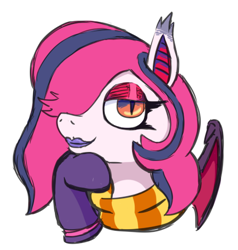 Size: 447x469 | Tagged: safe, artist:jargon scott, oc, oc only, oc:arrhythmia, bat pony, pony, bat pony oc, bust, clothes, eyeshadow, female, lidded eyes, lipstick, looking at you, makeup, mare, scarf, simple background, smiling, smiling at you, solo, striped scarf, white background