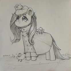 Size: 2144x2160 | Tagged: safe, artist:krista-21, fluttershy, bird, duck, pegasus, pony, cute, duckling, ear fluff, female, grayscale, hat, looking up, mare, monochrome, pencil drawing, raincoat, shyabetes, signature, smiling, solo, traditional art
