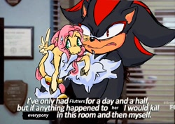 Size: 1754x1240 | Tagged: safe, artist:zer0wlet, fluttershy, hedgehog, pegasus, pony, cute, duo, female, holding a pony, mare, meme, ponified meme, shadow the hedgehog, shyabetes, sonic the hedgehog (series), subtitles, sweat, sweatdrop