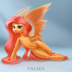 Size: 2000x2000 | Tagged: safe, artist:falses, fluttershy, pony, semi-anthro, adorasexy, bedroom eyes, cute, digital art, eyelashes, eyes open, female, human shoulders, humanoid torso, legs, legs together, lineless, looking at you, mare, sexy, shading, shyabetes, simple background, solo, spread wings, spreading, tail, thighs, wide hips, wings