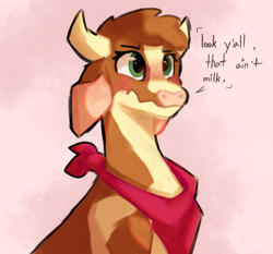 Size: 2200x2050 | Tagged: safe, artist:xurora, arizona (tfh), cow, them's fightin' herds, bandana, blushing, community related, dialogue, digital art, female, high res, pink background, simple background, solo, wavy mouth