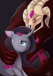 Size: 2480x3508 | Tagged: safe, artist:wolfcube333, fhtng th§ ¿nsp§kbl, oleander (tfh), demon, pony, unicorn, them's fightin' herds, book, community related, duo, female, frown, high res, male, sad, signature, unicornomicon