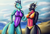 Size: 2660x1813 | Tagged: safe, artist:bomzzzik, princess ember, dragon, anthro, g4, beach, belly button, bikini, bikini bottom, bikini top, breasts, clothes, crossover, cynder, digital art, dragoness, duo, female, legs together, lizard breasts, one-piece swimsuit, spyro the dragon (series), swimsuit