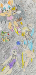 Size: 626x1277 | Tagged: safe, artist:fafenprocrastination, rarity, bat, human, chase, clothes, colored pencil drawing, female, flying, horn, horned humanization, humanized, jetpack, leotard, rosalina, rouge the bat, sonic the hedgehog (series), space, super mario bros., traditional art, trio, trio female