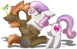 Size: 1305x843 | Tagged: safe, artist:malachimoet, button mash, sweetie belle, earth pony, pony, unicorn, blushing, colt, cute, duo, duo male and female, female, filly, foal, male, romantic, shipping, simple background, straight, sweetiemash, transparent background