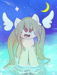 Size: 1050x1400 | Tagged: safe, artist:grithcourage, oc, oc only, oc:grith courage, earth pony, pony, ear fluff, earth pony oc, eye clipping through hair, eyebrows, eyebrows visible through hair, female, long hair, mare, moon, night, open mouth, reflection, solo, stars, water, wings