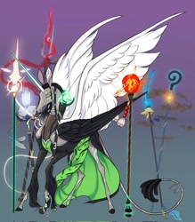 Size: 897x1024 | Tagged: safe, artist:witherslayer73, oc, alicorn, pony, alicorn oc, glowing, glowing horn, gradient background, horn, infinite eclipse, leonine tail, long ears, long horn, long legs, magic, multiple wings, slender, solo, spear, tail, telekinesis, thin, weapon, wings