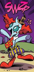 Size: 640x1334 | Tagged: safe, artist:andy price, idw, ocellus, changedling, changeling, g4, spoiler:comic, spoiler:comic71, clothes, clown, clown makeup, clown nose, clown shoes, clown wig, costume, female, hat, necktie, nightmare night costume, onomatopoeia, red nose, solo