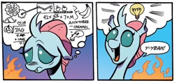 Size: 1334x635 | Tagged: safe, artist:andy price, idw, ocellus, changedling, changeling, g4, spoiler:comic, spoiler:comic71, cute, cute little fangs, dialogue, fangs, female, fire, gradient background, lightbulb, solo, speech bubble, thought bubble, thoughts