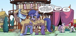 Size: 1334x643 | Tagged: safe, artist:pencils, idw, blue beats, key note, synthcord, earth pony, pony, g4, spoiler:comic, spoiler:comic79, bowtie, clothes, clown, clown makeup, clown nose, clown wig, dialogue, duo focus, fedora, female, hat, male, mare, ponyville town hall, red nose, speech bubble, spy, stallion, trenchcoat, unnamed character, unnamed pony
