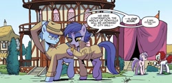 Size: 1334x643 | Tagged: safe, artist:pencils, idw, blue beats, key note, earth pony, pony, friendship is magic #79, g4, spoiler:comic, bowtie, clothes, clown, clown makeup, clown nose, clown wig, dialogue, duo focus, fedora, female, hat, male, mare, ponyville town hall, red nose, speech bubble, spy, stallion, trenchcoat, unnamed character, unnamed pony