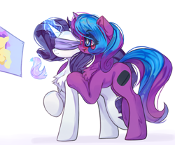 Size: 4096x3394 | Tagged: safe, artist:jfrxd, rarity, oc, oc:scribble script, pony, unicorn, g4, blindfold, canon x oc, chest fluff, duo, female, glasses, glowing, glowing horn, high res, horn, lesbian, levitation, magic, magic aura, pin the tail on the pony, simple background, telekinesis, unicorn oc, white background