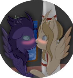 Size: 3444x3701 | Tagged: safe, artist:thecommandermiky, oc, oc only, oc:artura, oc:miky command, alicorn, pegasus, pony, alicorn oc, blushing, chest fluff, female, holding hooves, horn, kissing, lesbian, looking at each other, looking at someone, night, oc x oc, pegasus oc, pillar, pony oc, shipping, spread wings, window, wings