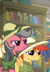 Size: 501x720 | Tagged: safe, screencap, candid snap, viewfinder (character), earth pony, pony, daring doubt, daring do costume, female, hat, mare, unnamed character, unnamed pony