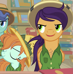 Size: 925x941 | Tagged: safe, screencap, endeavour, peach fuzz, pony, daring doubt, background pony, book, bookshelf, clothes, cosplay, costume, father and child, father and daughter, female, filly, foal, hat, male, pith helmet, stallion, unnamed character, unnamed pony