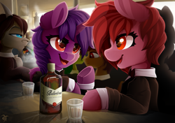 Size: 3400x2400 | Tagged: safe, artist:rainbowfire, oc, oc only, alicorn, earth pony, pegasus, pony, unicorn, alcohol, bap, bar, clothes, complex background, conversation, crowd, cute, dialogue, female, glasses, grin, horn, jacket, jewelry, mare, open mouth, peaky blinders, smiling, smokescreen, tuxedo, whiskey, wings