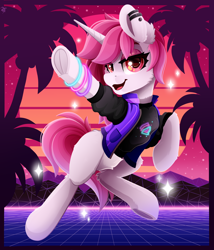 Size: 2400x2800 | Tagged: safe, artist:rainbowfire, starlight glimmer, oc, pony, unicorn, bracelet, clothes, complex background, cute, dancing, female, grin, horn, jacket, jewelry, looking at you, mare, mountain, open mouth, palm tree, retrowave, smiling, solo, stars, sunset, tree