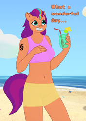 Size: 2480x3508 | Tagged: safe, artist:nickdisneyfan78, sunny starscout, earth pony, anthro, g5, my little pony: tell your tale, beach, belly button, drink, female, high res, mane stripe sunny, screencap background, solo, tattoo