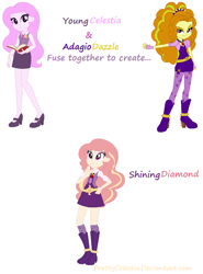 Size: 848x1144 | Tagged: safe, artist:prettycelestia, adagio dazzle, princess celestia, principal celestia, oc, oc:shining diamond, human, equestria girls, g4, belt buckle, boots, curly hair, disguise, disguised siren, fusion, fusion:adagio dazzle, fusion:dazzlestia, fusion:princess celestia, fusion:principal celestia, gem, high heel boots, necktie, purple eyes, shoes, simple background, siren gem, white background, young celestia, younger
