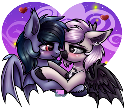 Size: 2022x1774 | Tagged: safe, artist:kruszynka25, oc, oc only, oc:devilvoice, oc:scrimmy, bat pony, bat pony oc, blushing, floating heart, heart, holiday, looking at each other, looking at someone, oc x oc, shipping, simple background, transparent background, unshorn fetlocks, valentine's day