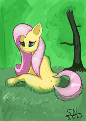 Size: 2480x3508 | Tagged: safe, artist:allenwhyhost, artist:seekernight, fluttershy, pony, g4, butt, high res, plot, sitting, solo, tree