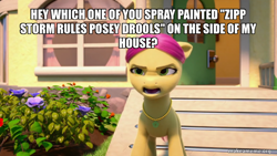 Size: 800x450 | Tagged: safe, edit, edited screencap, screencap, posey bloom, earth pony, pony, g5, my little pony: make your mark, my little pony: make your mark chapter 1, spoiler:my little pony: make your mark, caption, image macro, impact font, implied zipp storm, solo, text