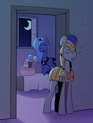 Size: 1900x2500 | Tagged: safe, artist:yarugreat, princess luna, alicorn, earth pony, pony, g4, armor, cake, cake theft, crown, duo, eating, eyes closed, female, food, jewelry, levitation, magic, male, mare, moon, night, onomatopoeia, regalia, royal guard, sky, sleeping, smiling, sound effects, stallion, stars, telekinesis, zzz