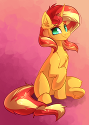 Size: 2528x3544 | Tagged: safe, artist:witchtaunter, sunset shimmer, pony, unicorn, g4, chest fluff, commission, commissioner:reversalmushroom, cute, ear fluff, female, gradient background, high res, looking at you, mare, raised hoof, shimmerbetes, shoulder fluff, sitting, sitting pretty, smiling, solo, underhoof