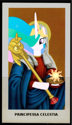 Size: 434x750 | Tagged: safe, artist:pizza split, princess celestia, alicorn, pony, g4, description is relevant, female, halo, italian, mare, scepter, twilight scepter