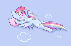 Size: 1400x900 | Tagged: safe, artist:joycall6, rainbow dash, pegasus, pony, g4, belly, blue background, cellphone, cloud, drinking straw, female, glass, hoof hold, juice, lying down, mare, on back, phone, pillow, simple background, solo