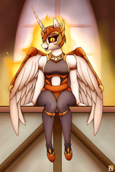 Size: 2000x3000 | Tagged: safe, artist:naen, daybreaker, alicorn, anthro, plantigrade anthro, g4, armor, bare shoulders, bracelet, breasts, clothes, fangs, female, fire, helmet, high res, jewelry, leggings, looking at you, mare, open mouth, peytral, ponyville town hall, shoes, sideboob, sitting, wings