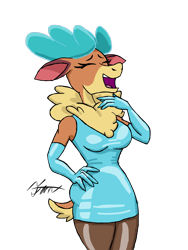 Size: 1920x2560 | Tagged: safe, artist:ma5teroftheuniv3rse, velvet (tfh), deer, reindeer, anthro, them's fightin' herds, breasts, clothes, community related, dress, evening gloves, eyes closed, gloves, hand on hip, laughing, long gloves, open mouth, signature, simple background, transparent background