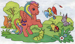 Size: 1700x1000 | Tagged: artist needed, safe, official comic, flutterbye, bird, caterpillar, insect, ladybug, pegasus, pony, rabbit, squirrel, comic:my little pony (g1), g1, animal, beauty (g1), emanata, female, flutterbye's funny friend, kingfisher, mare, my little pony summer special 1986, scan, sky the kingfisher, solo focus, spread wings, upscaled, wings