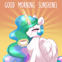 Size: 4000x4000 | Tagged: safe, artist:confetticakez, princess celestia, alicorn, pony, g4, absurd resolution, blushing, chest fluff, coffee, concave belly, cup, cute, cutelestia, eyes closed, eyeshadow, female, glowing, glowing horn, good morning, grin, horn, levitation, magic, magic aura, makeup, mare, sitting, slender, smiling, solo, teacup, telekinesis, thin