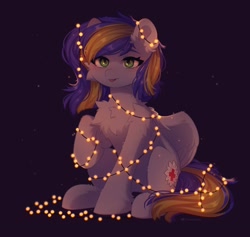 Size: 2056x1946 | Tagged: safe, artist:floweryoutoday, oc, oc only, pegasus, pony, chest fluff, ear fluff, eyebrows, eyebrows visible through hair, solo, string lights, tangled up, tongue out