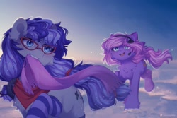 Size: 3000x2000 | Tagged: safe, artist:floweryoutoday, oc, oc only, oc:cinnabyte, oc:lillybit, earth pony, pony, chase, chest fluff, clothes, duo, ear fluff, earth pony oc, female, glasses, headset, high res, lesbian, mouth hold, oc x oc, open mouth, scarf, shipping, snow, socks, striped socks