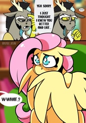 Size: 1423x2048 | Tagged: safe, artist:lrusu, discord, fluttershy, draconequus, pegasus, pony, comic:fluttercord (irusu), g4, ..., blushing, comic, cute, dialogue, embarrassed, female, floppy ears, hiding behind wing, male, misunderstanding, nervous, nervous sweat, ship:discoshy, shipping, shy, shyabetes, speech bubble, straight, wings