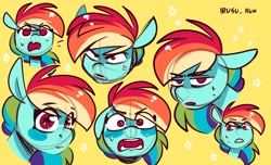 Size: 2048x1247 | Tagged: safe, artist:lrusu, rainbow dash, pegasus, pony, g4, angry, cross-popping veins, emanata, expressions, eye clipping through hair, eyebrows, eyebrows visible through hair, floppy ears, looking at you, nervous sweat, open mouth, simple background, sketch, solo, unamused, wide eyes, yellow background