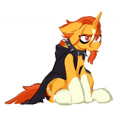 Size: 1329x1229 | Tagged: safe, artist:atti_qu, sunburst, pony, unicorn, g4, alternate hairstyle, choker, cloak, clothes, coat markings, emo, eyeliner, floppy ears, makeup, simple background, sitting, socks (coat markings), solo, spiked choker, unamused, white background