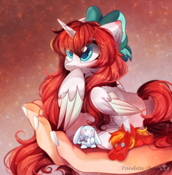 Size: 2708x2750 | Tagged: safe, artist:2pandita, oc, oc only, alicorn, pony, g4, bow, colored wings, disembodied hand, female, hair bow, hand, high res, mare, micro, plushie, solo, two toned wings, wings