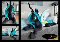 Size: 1137x798 | Tagged: safe, artist:purplenebulastudios, queen chrysalis, changeling, changeling queen, g4, irl, life size, lying down, photo, plushie, prone, solo, sploot