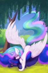 Size: 1500x2271 | Tagged: safe, artist:astralblues, princess celestia, princess luna, alicorn, pony, g4, art event, blushing, duo, female, hape, hug, landing, mare, personal space invasion, royal sisters, siblings, sisters, spread wings, wings