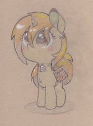 Size: 1572x2132 | Tagged: safe, artist:foxtrot3, oc, oc only, oc:bella, pony, unicorn, bag, bell, bell collar, blushing, brown eyes, collar, ear piercing, earring, jewelry, piercing, saddle bag, solo, traditional art